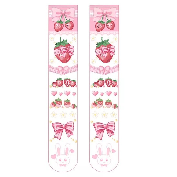 Kawaii Strawberry Lolita Stocking Socks Pink Bows - Picture 6 of 10